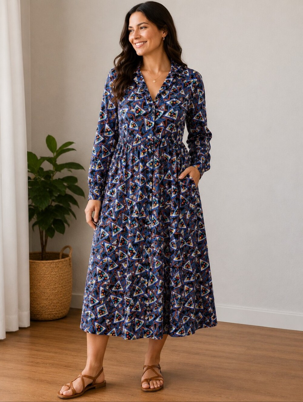 R&K Petites Size 10 Geometric Print Long Sleeve Button Front Midi Dress Vintage